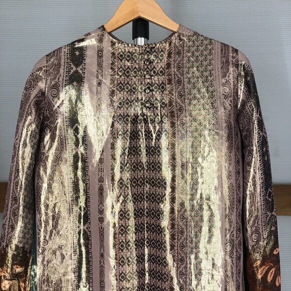 ETRO Metallic Silk Patterned Print Long Sleeve Side Slit Tunic Blouse Sz 44 ITA - Picture 8 of 16